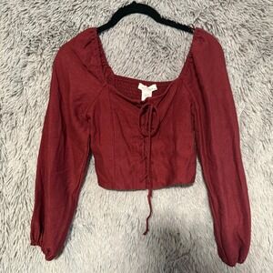 KIRISUS Los Angeles Womens Long Sleeve Square Neck Cropped Lace‎ Up Top Size M